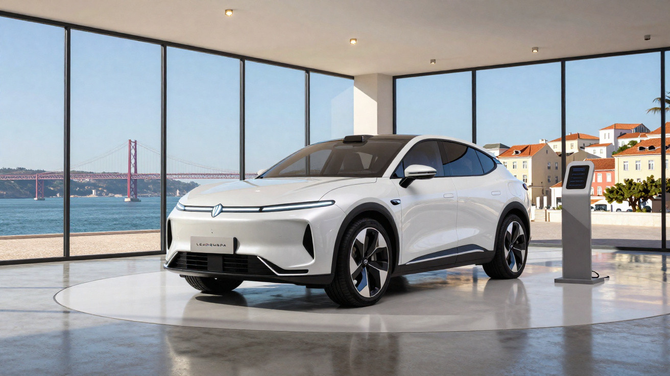 Carro elétrico branco exposto em showroom com grandes janelas e vista para rio e ponte ao fundo.