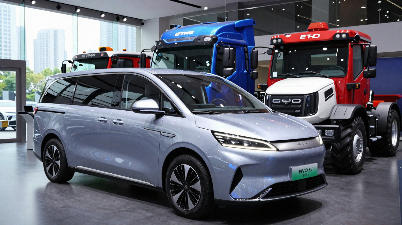 Minivan elétrica prata, trator branco e caminhão vermelho expostos em salão automotivo.