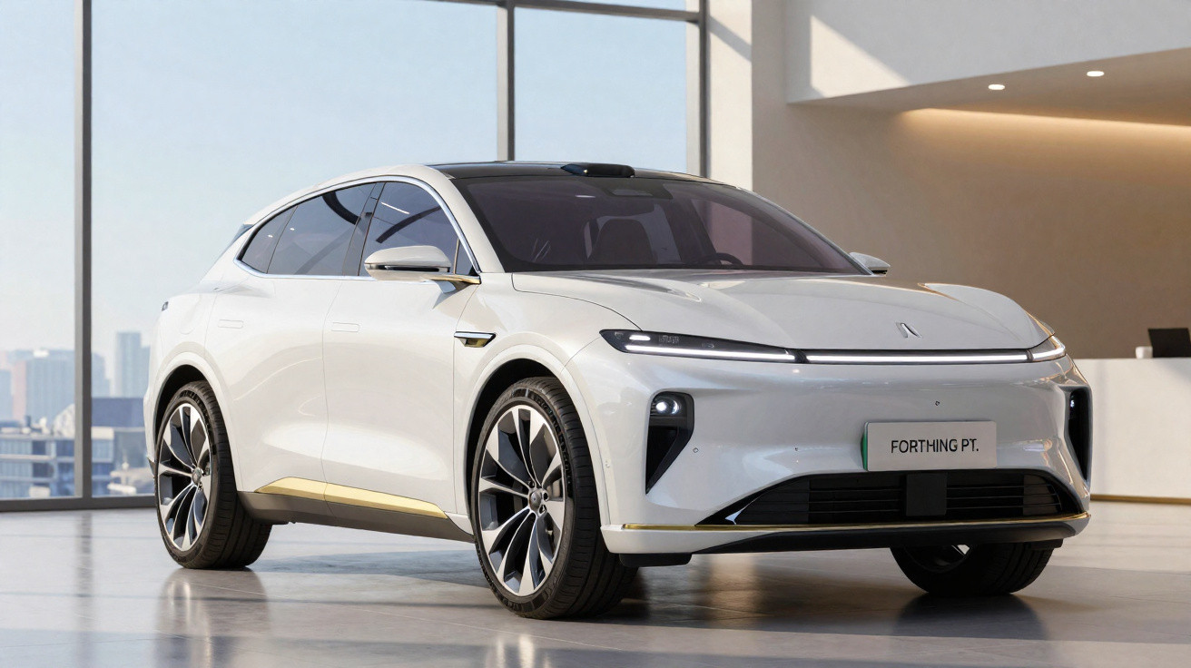 Carro elétrico branco estacionado em ambiente interno moderno com janelas amplas.