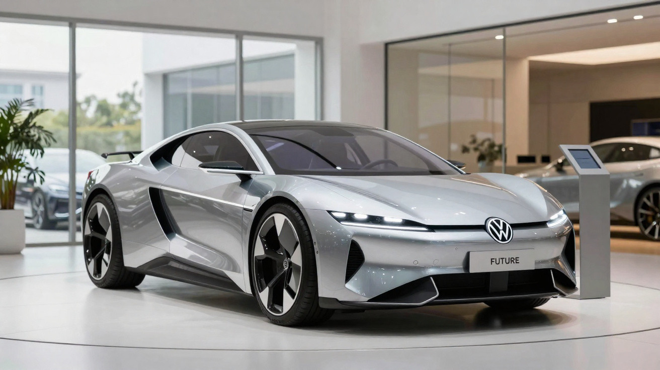 Carro esportivo elétrico Volkswagen VW Future prata exibido em showroom moderno com teto e paredes de vidro.