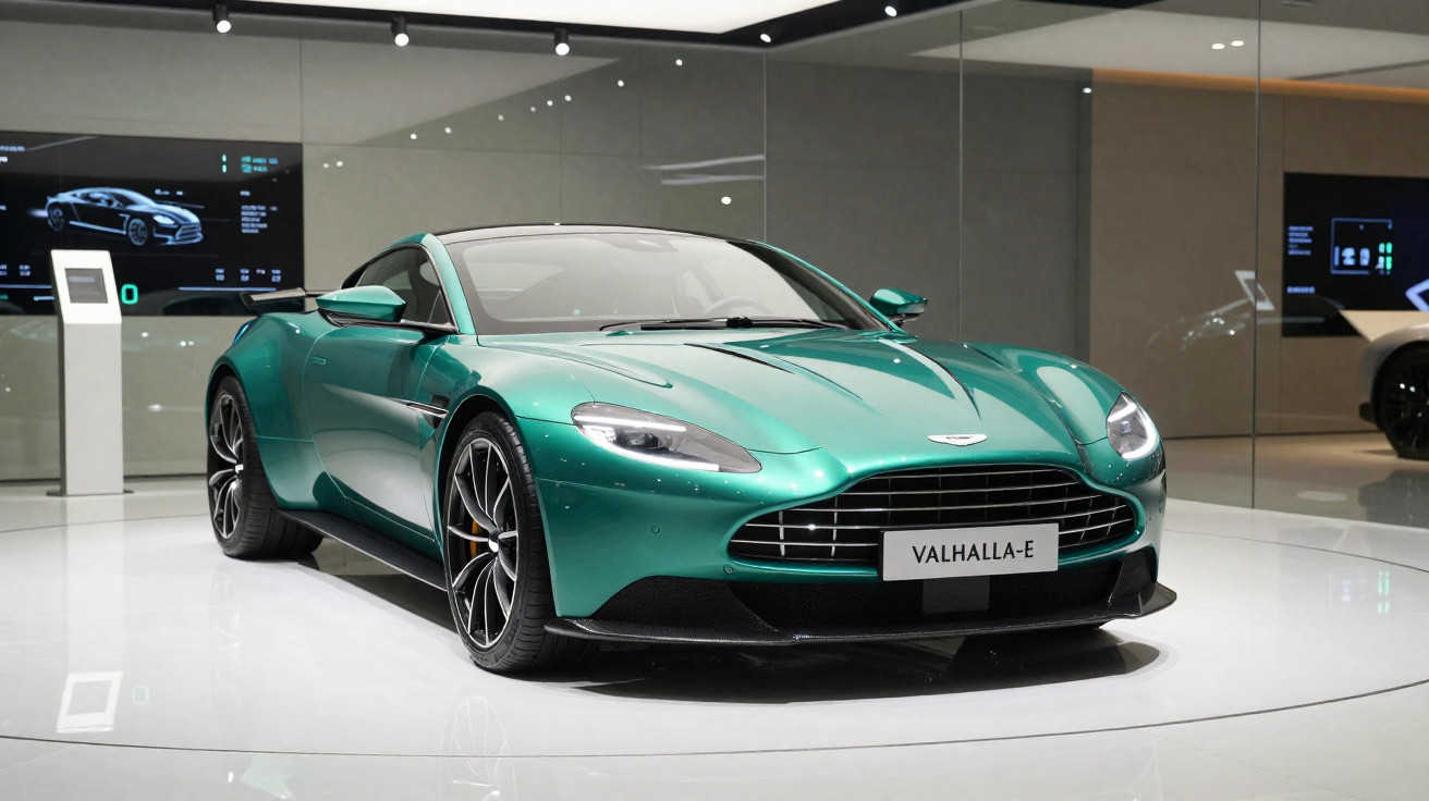Carro esportivo verde Aston Martin Valhalla-E em exposição em ambiente moderno e iluminado.