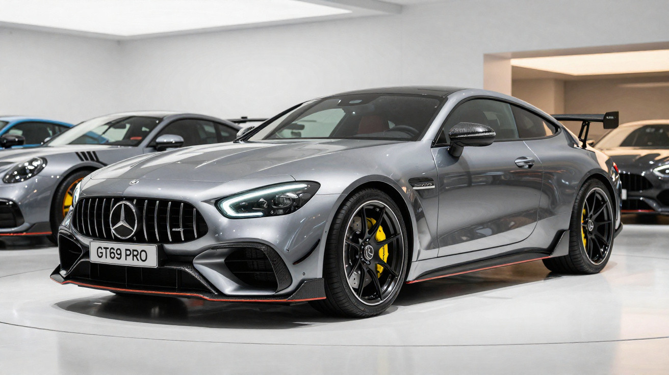 Carro esportivo Mercedes-Benz prata com aerofólio e detalhes em amarelo em showroom moderno.