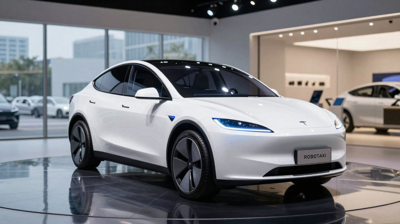 Carro elétrico branco Tesla Modelo S exposto em salão moderno com teto baixo e iluminação artificial.