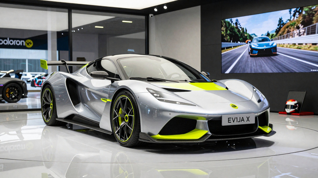 Carro esportivo cinza com detalhes verdes em exposição dentro de showroom moderno com piso branco brilhante.