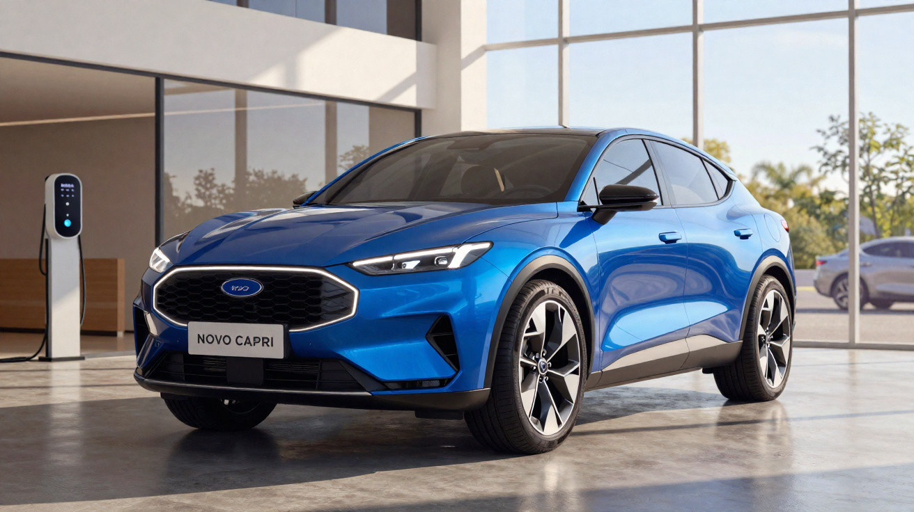 Carro azul elétrico Novo Capri estacionado em ambiente interno moderno com estação de recarga ao fundo.