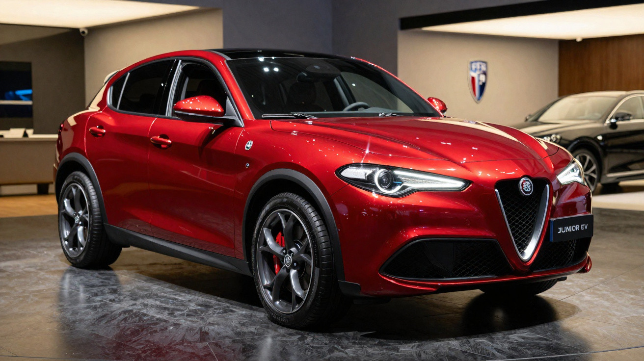 Carro SUV Alfa Romeo vermelho fosco em exposição interna com rodas pretas e detalhes em vermelho.