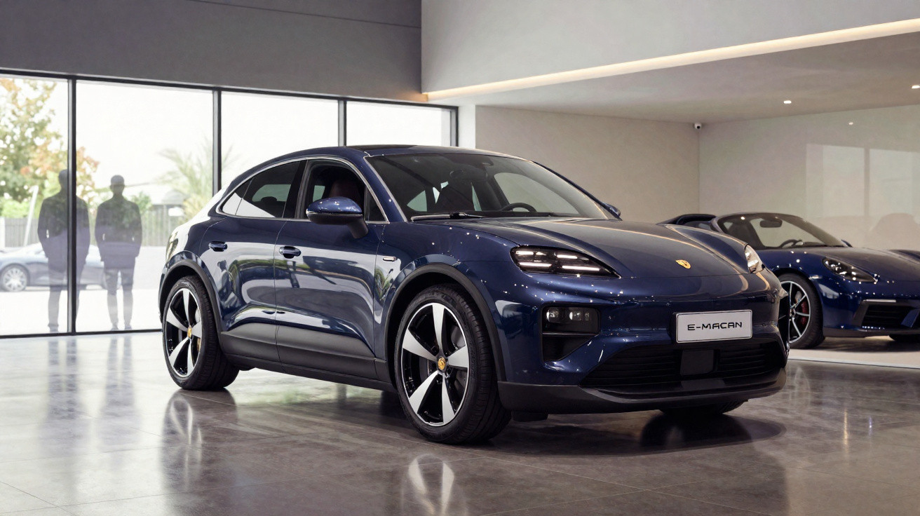 Carro elétrico Porsche E-Macan azul em showroom moderno com grande janela ao fundo.