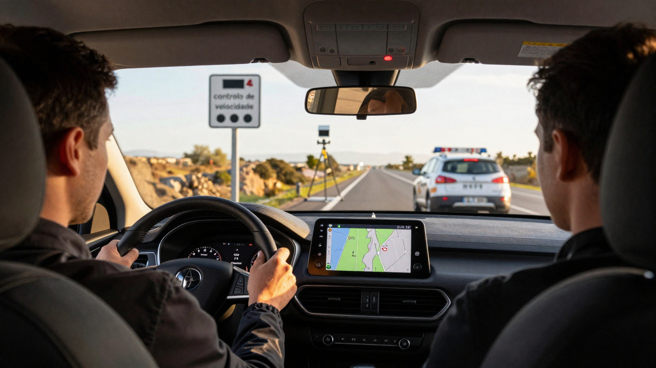 Motorista dirigindo em estrada com sinal de controle de velocidade, radar e navegação no painel do carro.