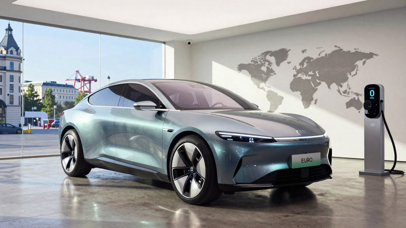 Carro elétrico moderno estacionado em sala com carregador conectado e mapa-múndi na parede ao fundo.