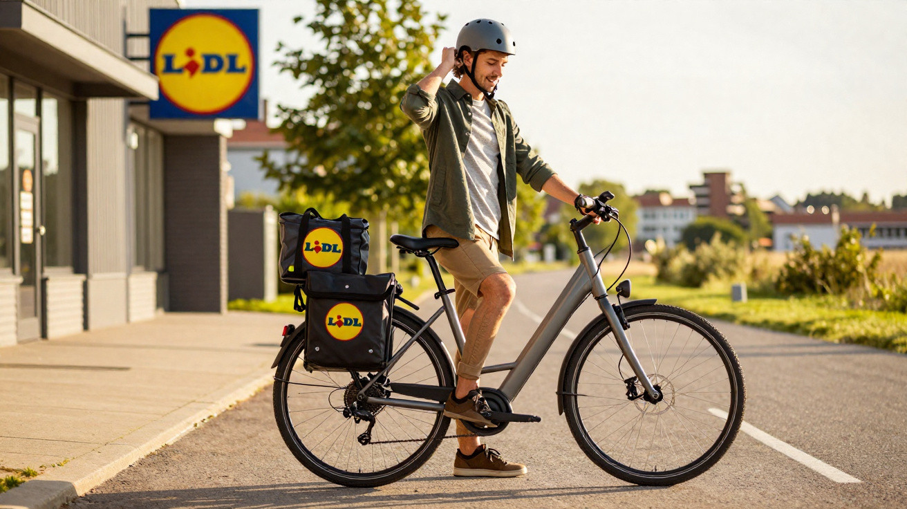 Homem sorridente com capacete entrega compras de bicicleta em frente a supermercado Lidl em dia ensolarado.