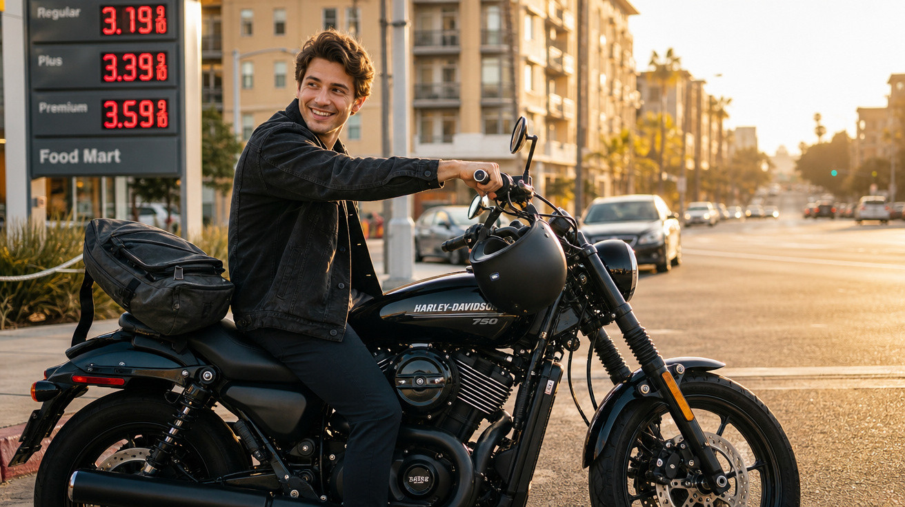 Jovem sorridente em moto preta Harley-Davidson ao lado de posto com preços de combustível ao pôr do sol.