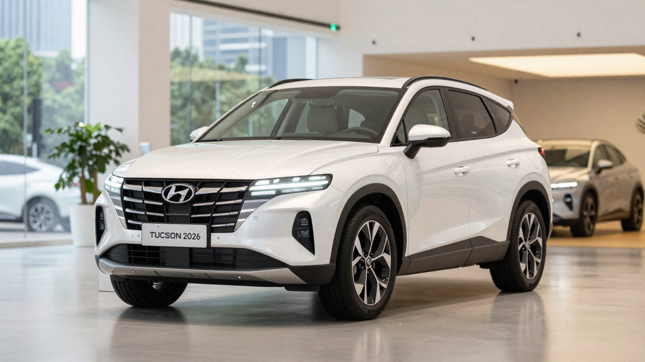 SUV branco Hyundai Tucson 2026 exibido em showroom moderno com piso de porcelanato.