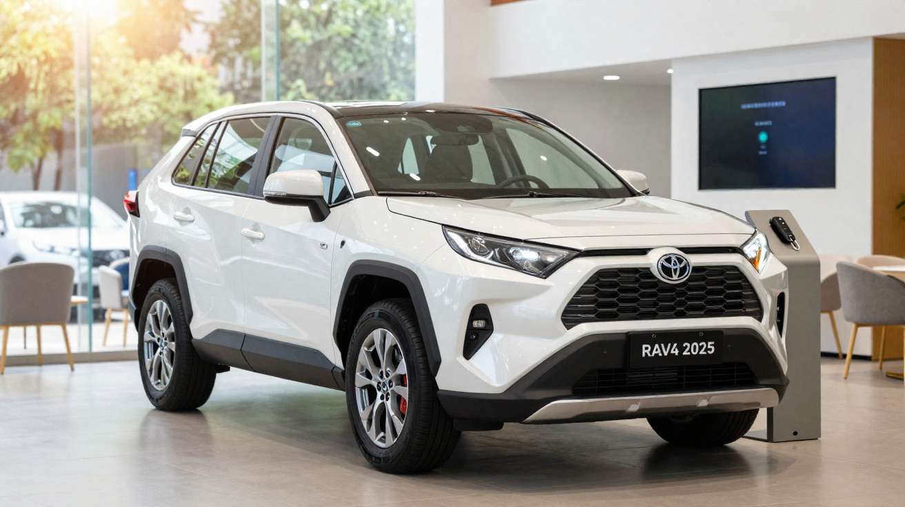 Carro SUV branco Toyota RAV4 2025 em exposição dentro de uma concessionária moderna.