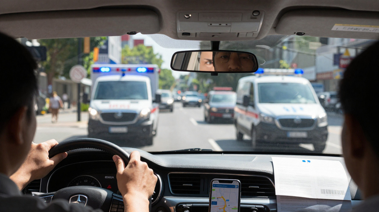 Interior de carro com motorista e passageiro, duas ambulâncias com sirenes acionadas na rua à frente.