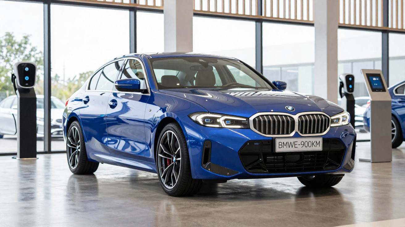 Carro BMW azul elétrico em exposição dentro de showroom moderno com carregadores ao fundo.