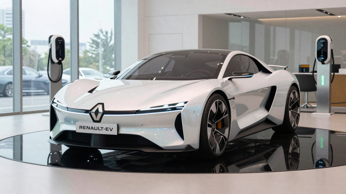 Carro elétrico esportivo branco Renault EV em exposição com carregadores elétricos ao fundo.
