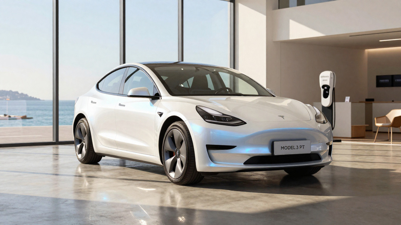 Carro Tesla Model 3 branco estacionado dentro de garagem moderna com carregador elétrico ao fundo.