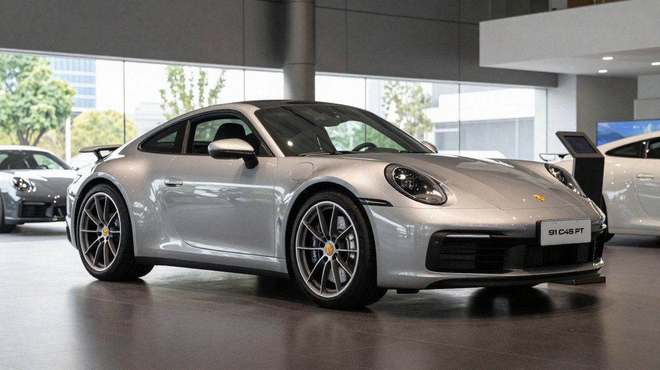 Carro esportivo prata Porsche 911 C4S PT exposto em showroom com piso refletivo e janelas grandes.