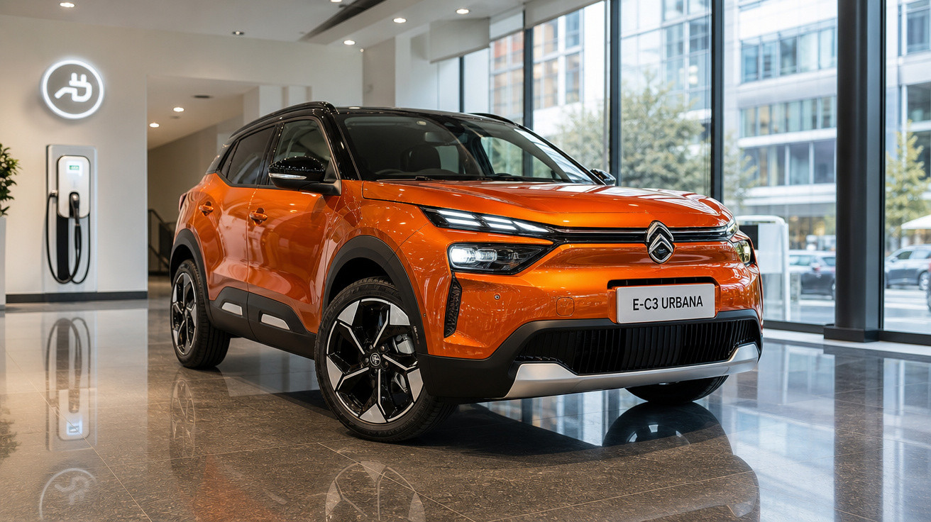 Carro elétrico Citroën E-C3 Urbana laranja em showroom moderno com estação de recarga ao fundo.