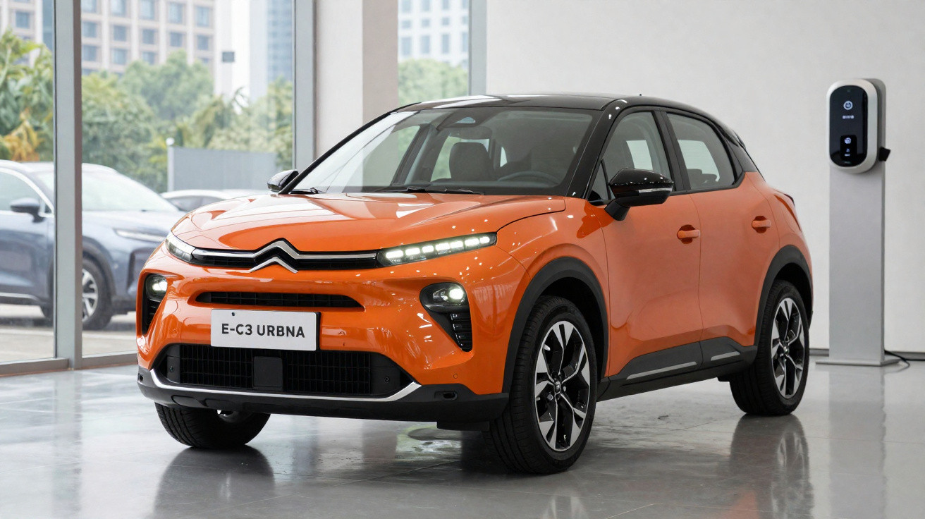 Carro elétrico Citroën E-C3 Urbina laranja estacionado em showroom ao lado de carregador elétrico.