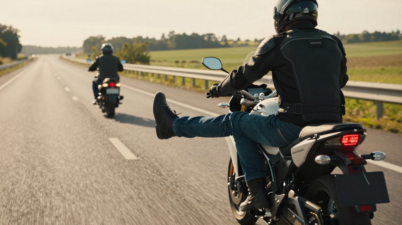 Motociclista com capacete faz manobra na estrada, com carro se aproximando na pista oposta.