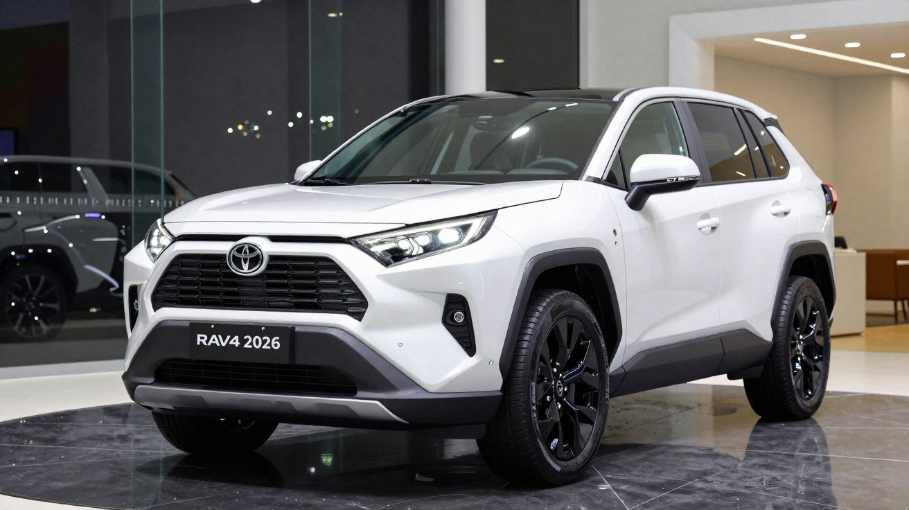 SUV branco Toyota RAV4 2026 em exposição com rodas pretas em ambiente interno iluminado.