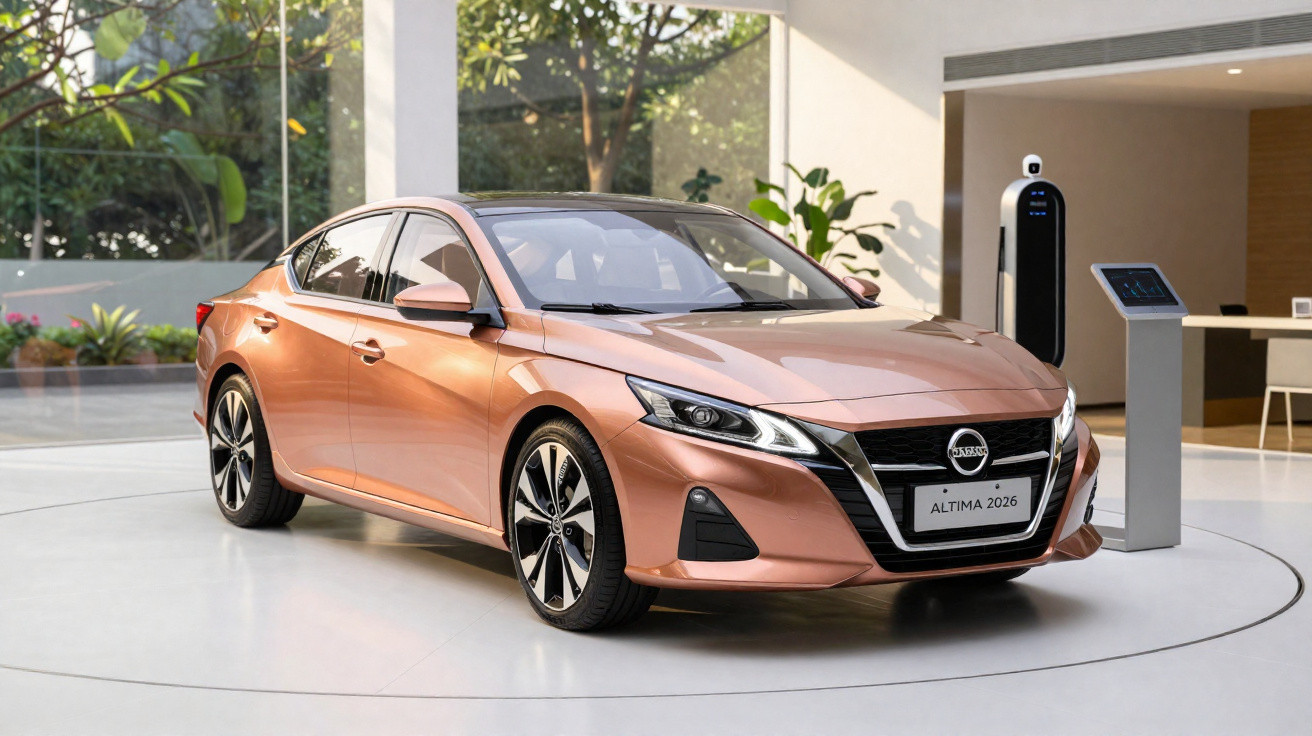 Carro sedan Nissan Altima 2020 cor cobre exibido em showroom moderno com carregador elétrico.