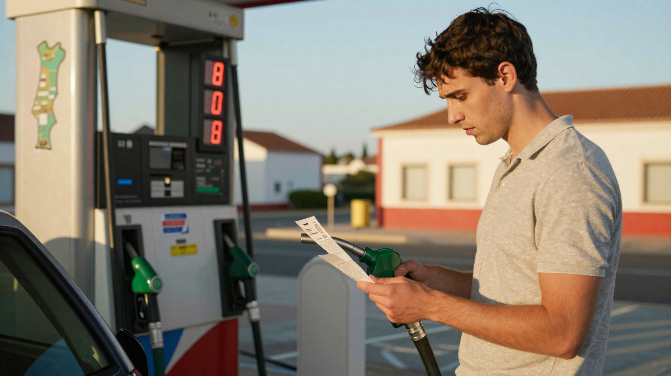 Homem segurando nota fiscal ao abastecer carro em posto de gasolina ao entardecer.