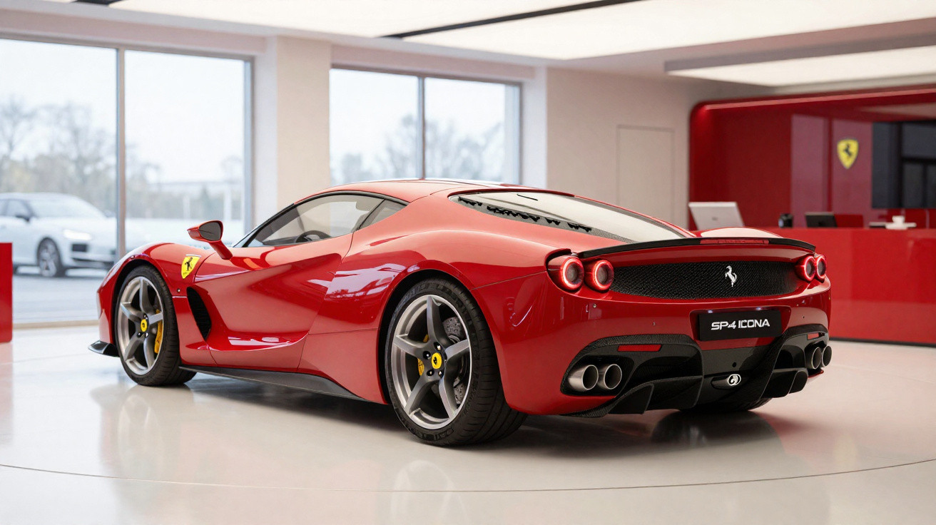 Carro esportivo vermelho Ferrari F40 clássico em salão moderno com grandes janelas e sofá vermelho.