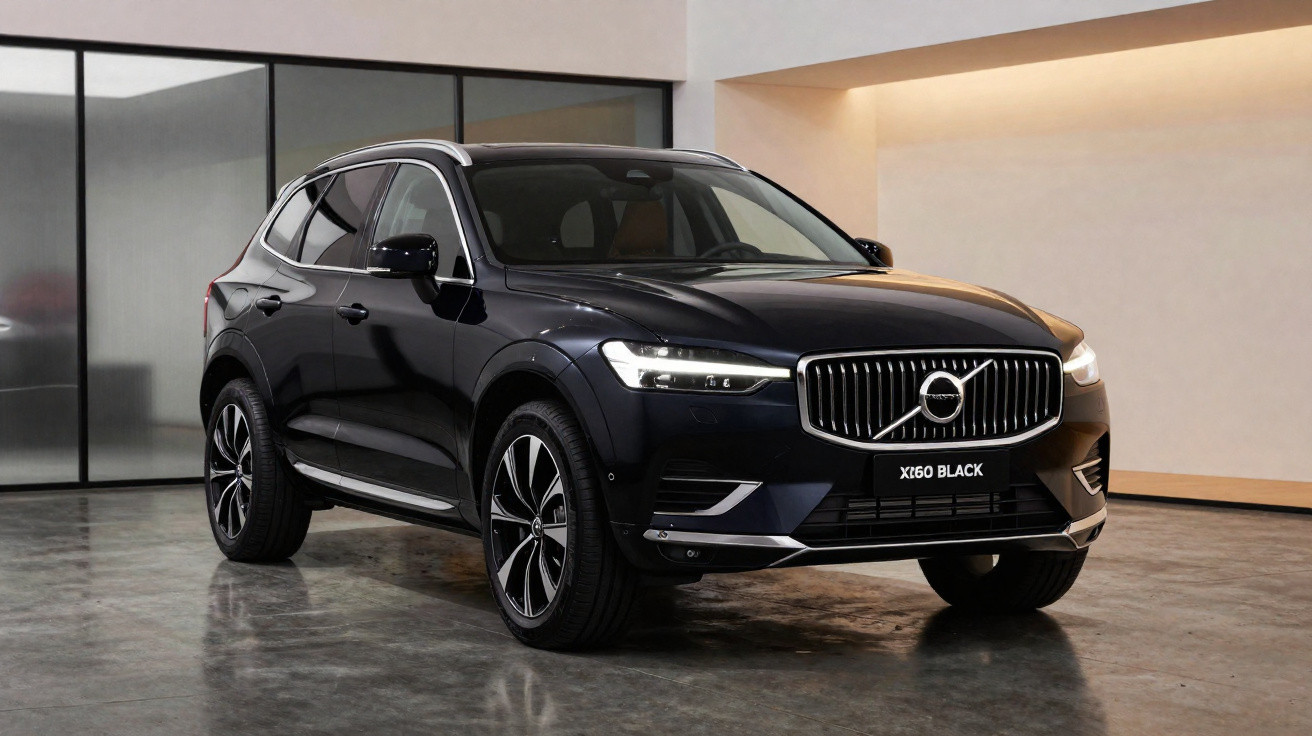 SUV Volvo XC60 Black na cor preta em ambiente interno com iluminação amarela suave.