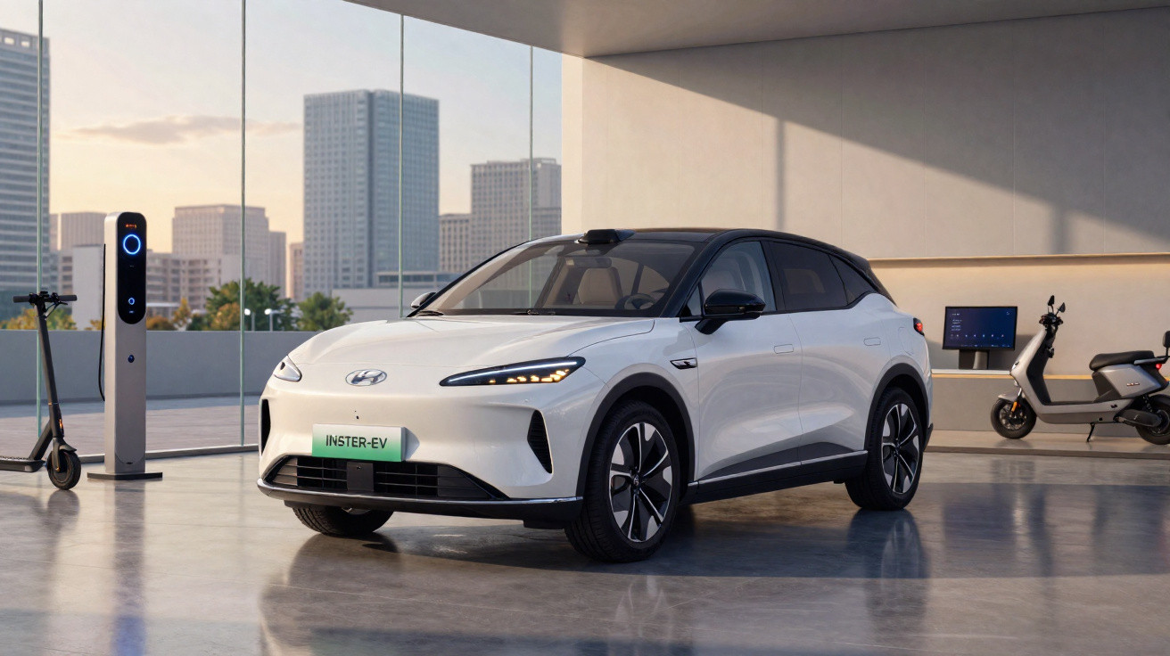 Carro elétrico branco Hyundai INSTER-EV estacionado em área urbana moderna com scooter e estoções de carregamento.