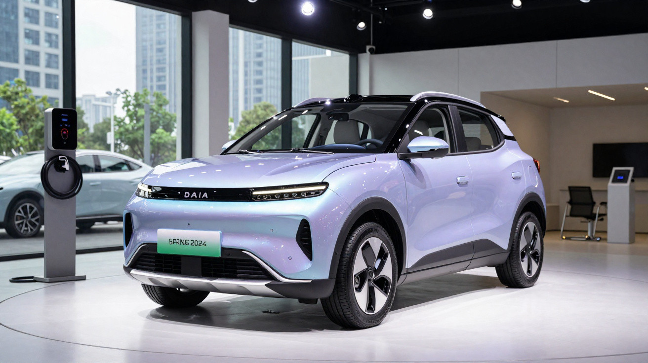 Carro elétrico hatchback branco perolado com teto preto em exposição com pontos de carregamento ao fundo.