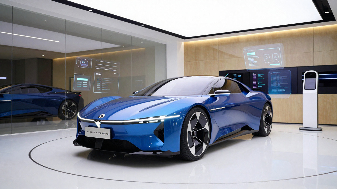 Carro esportivo azul elétrico futurista Stellantis 2030 em exposição moderna com painéis digitais.