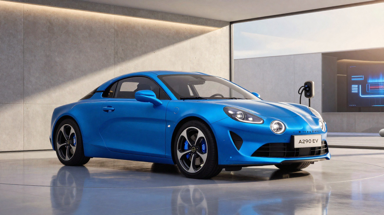 Carro esportivo azul elétrico Alpine A290 EV em sala moderna com parede cinza e estação de recarga.