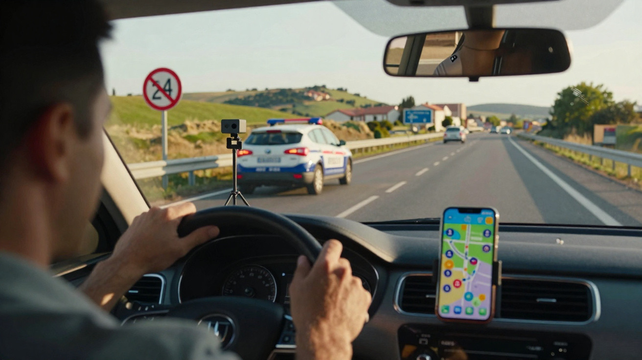 Motorista vê radar e placa de limite de velocidade 30 km/h em estrada monitorada por viatura policial.