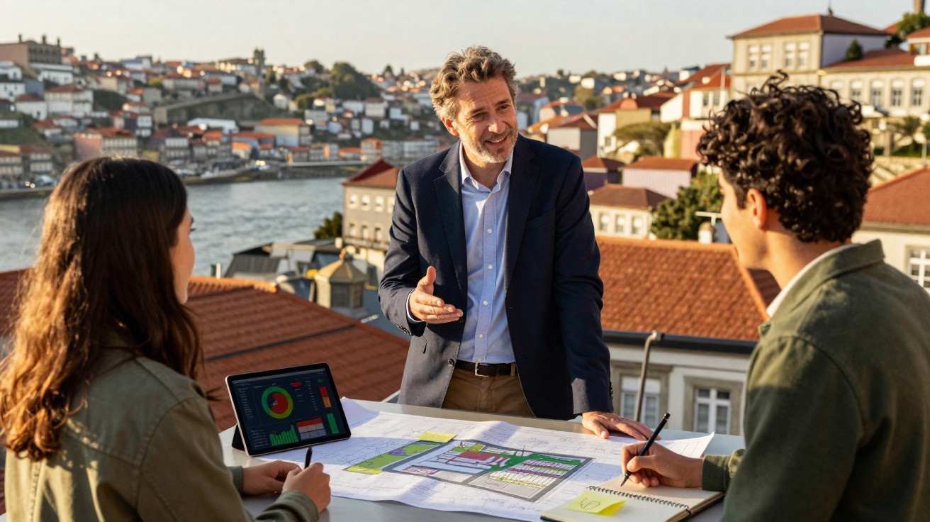 Quatro pessoas discutindo projetos com plantas e tablet em mesa ao ar livre com vista para cidade.