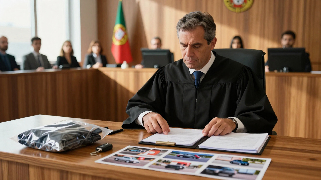Juiz masculino lendo documentos no tribunal com fotos e evidências sobre a mesa.