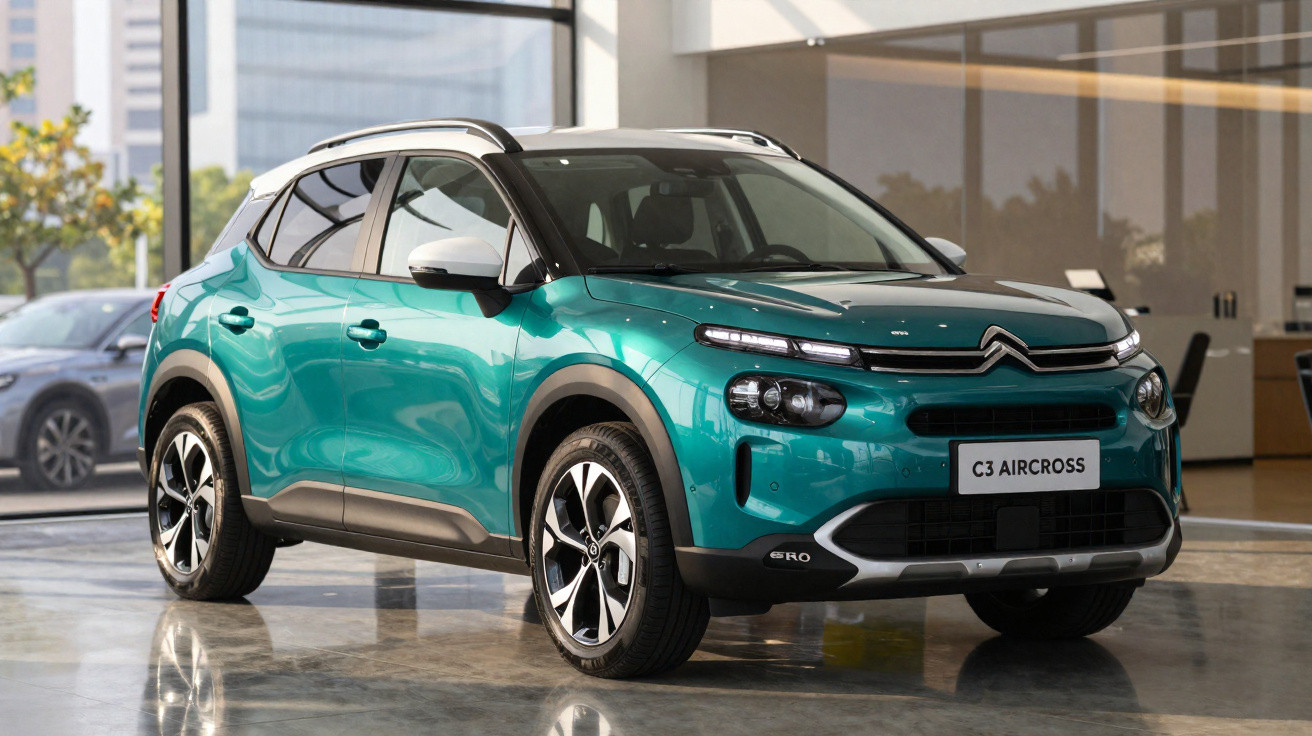 Carro SUV Citroën C3 Aircross verde água estacionado em showroom com piso brilhante.