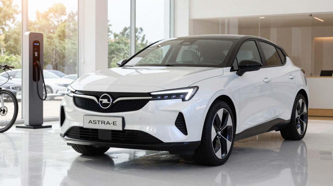 Carro elétrico branco Opel Astra-E em exposição, com carregador elétrico ao fundo em ambiente moderno.