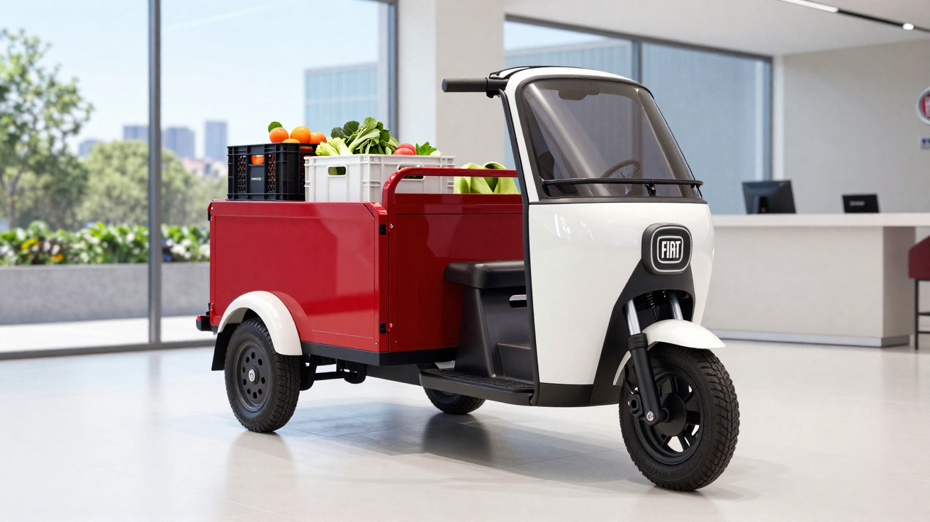 Triciclo elétrico vermelho e branco com caixas de frutas e hortaliças em ambiente interno.