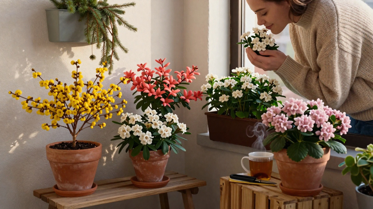 Mulher cheirando flores brancas em vaso, rodeada de plantas coloridas em ambiente interno iluminado.