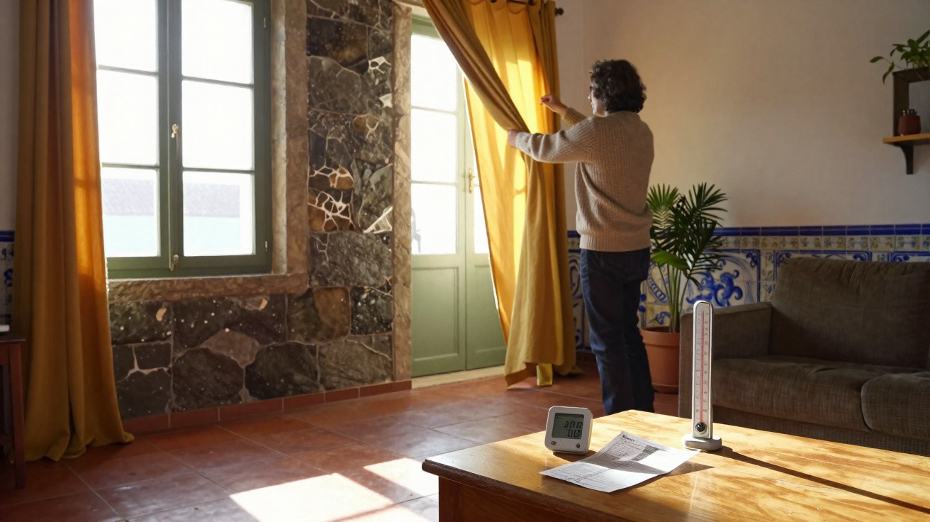 Pessoa abrindo cortina amarela em sala iluminada com termômetro e relógio em mesa de madeira.