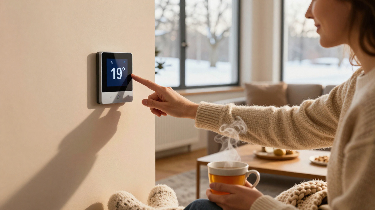 Mulher ajusta termostato para 19°C enquanto segura xícara de chá quente em sala aconchegante.