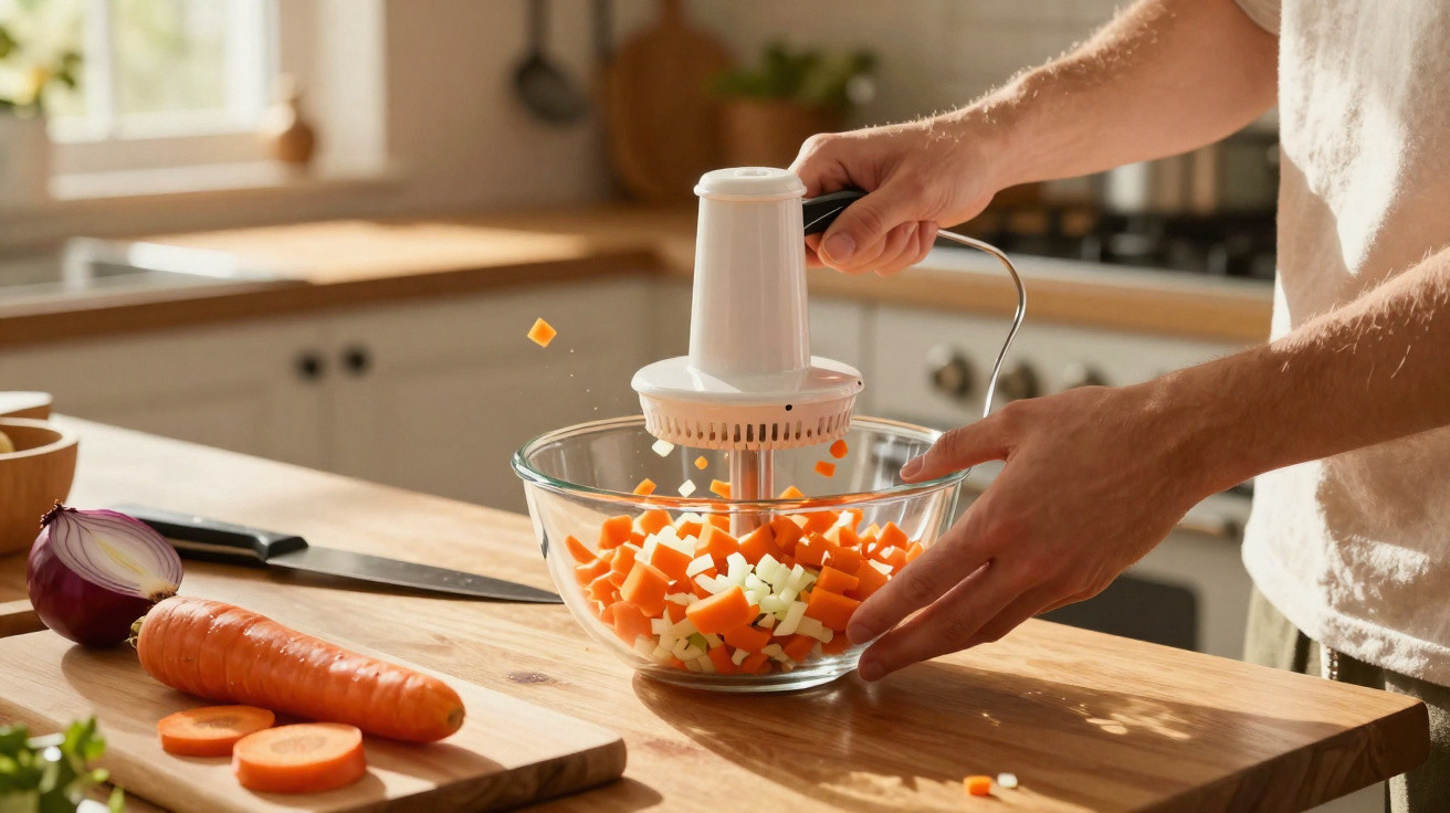 Pessoa usando processador manual para picar cenoura e cebola em uma tigela de vidro na cozinha.