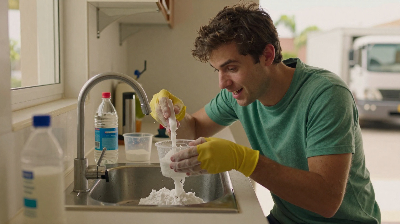 Homem sorrindo usa luvas amarelas e mistura líquido branco em copo na pia da cozinha.
