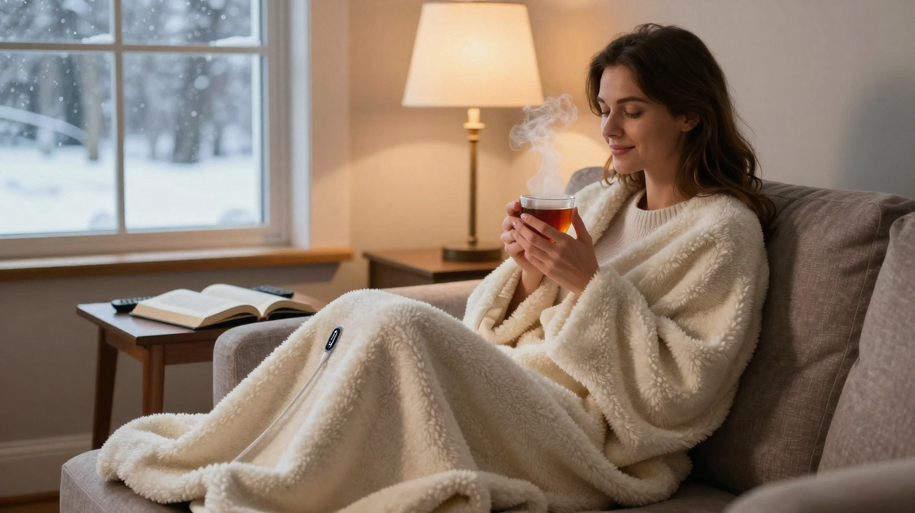 Mulher relaxando no sofá com mantinha quente e chá, com neve visível pela janela ao fundo.