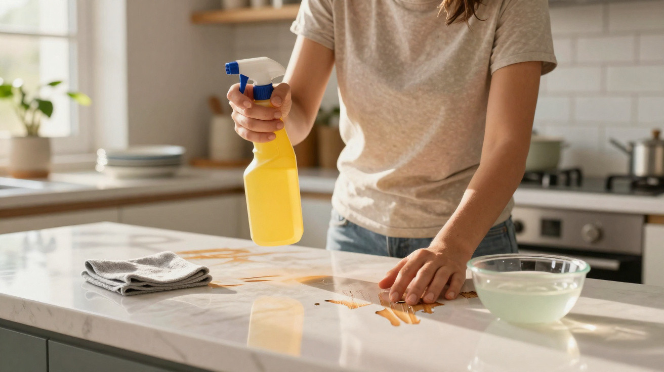 Pessoa limpando bancada de cozinha branca com spray de limpeza e pano cinza.