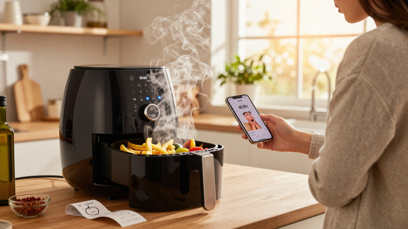 Mulher na cozinha usando smartphone enquanto cozinha batatas fritas e legumes em air fryer preta.