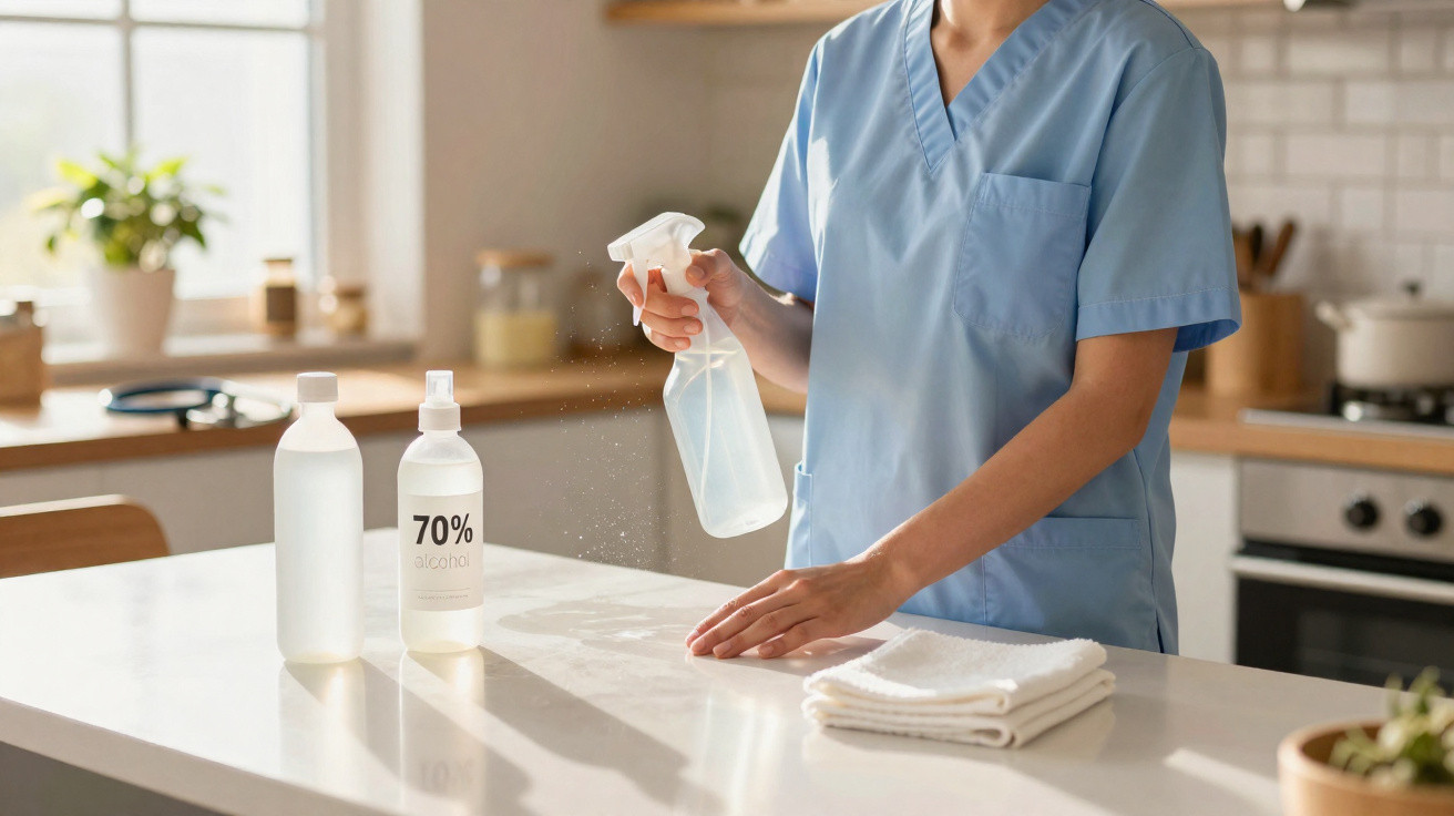 Profissional de saúde com uniforme azul limpando superfície com spray desinfetante em cozinha.