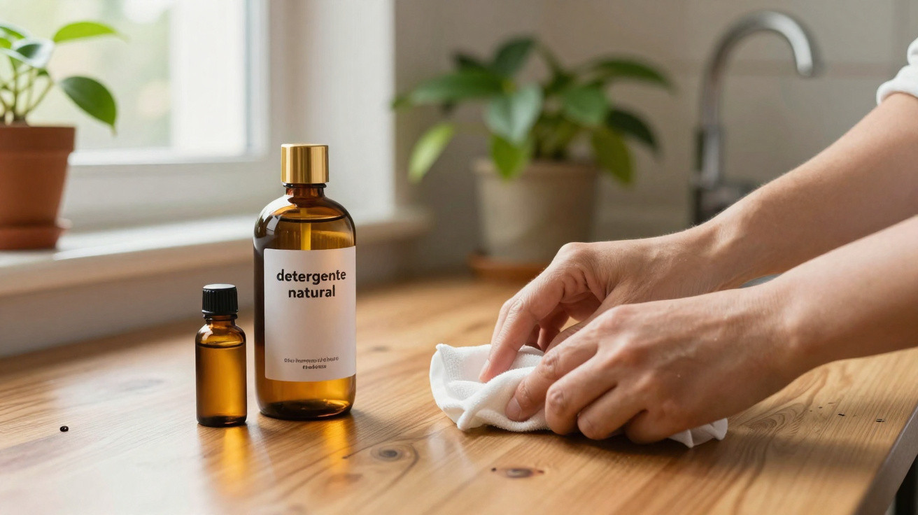 Mãos limpando mesa de madeira com pano branco ao lado de frascos de detergente natural sobre a superfície.
